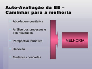 Auto-Avaliação da BE – Caminhar para a melhoria Abordagem qualitativa Análise dos processos e dos resultados Perspectiva formativa Reflexão  Mudanças concretas MELHORIA 