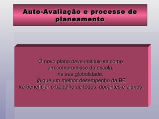 Auto-Avaliação e processo de planeamento O novo plano deve instituir-se como  um compromisso da escola,  na sua globalidade,  já que um melhor desempenho da BE irá beneficiar o trabalho de todos, docentes e alunos. 