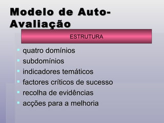 Modelo de Auto-Avaliação quatro domínios  subdomínios  indicadores temáticos  factores críticos de sucesso recolha de evidências acções para a melhoria ESTRUTURA 