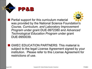 PP&B Partial support for this curriculum material  was provided by the National Science Foundation's  Course, Curriculum, and Laboratory Improvement Program  under grant DUE-9972380 and  Advanced Technological Education Program  under grant DUE‑9950039.  GWEC EDUCATION PARTNERS: This material is subject to the legal License Agreement signed by your institution.  Please refer to this License Agreement for restrictions of use. 