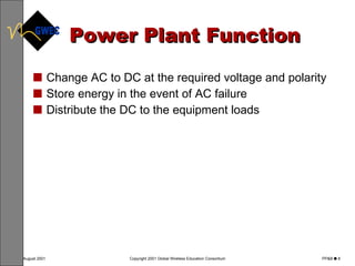 Power Plant Function Change AC to DC at the required voltage and polarity Store energy in the event of AC failure Distribute the DC to the equipment loads 