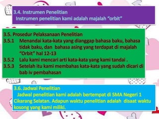 3.4. Instrumen Penelitian
Instrumen penelitian kami adalah majalah “orbit”
3.5. Prosedur Pelaksanaan Penelitian
3.5.1 Menandai kata-kata yang dianggap bahasa baku, bahasa
tidak baku, dan bahasa asing yang terdapat di majalah
“Orbit” hal 12-13
3.5.2 Lalu kami mencari arti kata-kata yang kami tandai .
3.5.3 Setelah itu kami membahas kata-kata yang sudah dicari di
bab iv pembahasan
3.6. Jadwal Penelitian
Jadwal penelitian kami adalah bertempat di SMA Negeri 1
Cikarang Selatan. Adapun waktu penelitian adalah disaat waktu
kosong yang kami miliki.
 