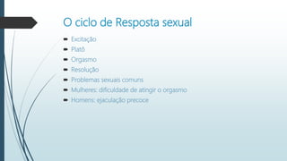 O ciclo de Resposta sexual
 Excitação
 Platô
 Orgasmo
 Resolução
 Problemas sexuais comuns
 Mulheres: dificuldade de atingir o orgasmo
 Homens: ejaculação precoce
 
