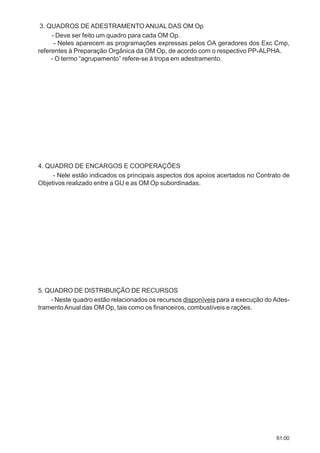 61.00
3. QUADROS DE ADESTRAMENTO ANUAL DAS OM Op
- Deve ser feito um quadro para cada OM Op.
- Neles aparecem as programações expressas pelos OA geradores dos Exc Cmp,
referentes à Preparação Orgânica da OM Op, de acordo com o respectivo PP-ALPHA.
- O termo “agrupamento” refere-se à tropa em adestramento.
4. QUADRO DE ENCARGOS E COOPERAÇÕES
- Nele estão indicados os principais aspectos dos apoios acertados no Contrato de
Objetivos realizado entre a GU e as OM Op subordinadas.
5. QUADRO DE DISTRIBUIÇÃO DE RECURSOS
- Neste quadro estão relacionados os recursos disponíveis para a execução do Ades-
tramentoAnual das OM Op, tais como os financeiros, combustíveis e rações.
 