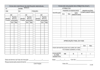 14.00
Data de término da Fase de Instução: _______/_________/________ Data: _____/_____/______ Cmt SU :____________________
Responsável pelo preenchimento:
Cmt Fração Visto S3:________________________
FICHA DE CONTROLE DA INSTRUÇÃO INDIVIDUAL
BÁSICA
FICHA DE AVALIAÇÃO DE ATRIBUTOS (FAAT)
N°:
OM:
NOME:
SU: FRAÇÃO:
OII OII OII
Identifi-
ficação
Identifi-
ficação
Identifi-
ficação
Padrão
Mínimo
alcançado
Padrão
Mínimo
alcançado
Padrão
Mínimo
alcançado
Sim Sim Sim
Sim
Não Não Não
Não
NÃO
OBSERVADO
OBSERVAÇÕES
COMPLEMENTARES
ATRIBUTOS
Identificação
PADRÃO EVIDENCIADO
APRECIAÇÃO FINAL DA FASE
PODE SER MATRICULADO NO CURSO DE CABO
FOI PUNIDO DURANTE A FASE
Sim Não
AVALIAÇÃO
GLOBAL
SUBJETIVA
MB B R I
 