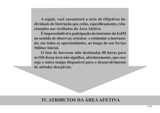 15.00
IV. ATRIBUTOS DA ÁREAAFETIVA
A seguir, você encontrará a série de Objetivos In-
dividuais de Instrução que estão, especiﬁcamente, rela-
cionados aos Atributos da Área Afetiva.
É imprescindível a paticipação do instrutorda EsIM
no sentido de observar, orientar e estimular o instruen-
do, em todas as oportunidades, ao longo do seu Seviço
Militar Inicial.
O fato de haverem sido destinadas 08 horas para
os OII dessa área não signiﬁca, absolutamente, que esse
seja o único tempo disponível para o desenvolvimento
de atitudes desejáveis.
 