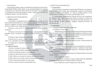 6.00
3. ESTRUTURA DA INSTRUÇÃO
a. Características
1) O programa de treinamento constante deste PP baseia-se na perspecti-
va de instrução militar voltada para o desempenho, tendo em vista, portanto,
capacitar os alunos ao desempenho de todas as atividades básicas de um
combate básico territorial, observando as peculiaridades do EE.
2) A preocupação fundamental do instrutor há de ser, em consequência,
a de desenvolver atividades de instrução militar no sentido de o aluno atin-
gir os diversos objetivos previstos no presente PP, buscando alcançá-los no
próprio ambiente escolar, integrado e adaptado à proposta de ensino do
estabelecimento.
b. Constituição
A instrução Militar da EsIM compreende:
1) Atributos da Área Afetiva
-DeﬁnidospormeiodeColetivosdeInstruçãoIndividualrelacionados
à área de atitudes. Os Oll da Área Afetiva correspondem aos atributos a serem
exibidospelosinstrutores,independentementedamatériaouassuntoministrado.
Cada Oll da Área Afetiva compreende três elementos:
a) o nome do atributo a ser exibido e sua deﬁnição;
b) um conjunto de condições dentro das quais o atributo poderá ser
observado; e
c) o padrão - evidência do atributo
- O instrutor apreciará o comportamento do instruendo em relação ao
atributo considerado, ao longo de toda a instrução. O padrão terá sido atingi-
do se, durante as atividades, o instrutor julgar que o instruendo evidenciou o
atributo em questão.
2) Matérias Fundamentais à preparação do Combatente BásicoTerritorial
em que constam:
a) um conjunto de matérias
- As matérias constituem a área de conhecimento das habilidades
necessárias à Preparação do Combatente Básico Territorial.
b) um conjunto de assuntos integrantes de cada matéria
1. FINALIDADE
Este Programa-Padrão regula as atividades de instrução das Escolas de Ins-
trução Militar (EsIM) e deﬁne objetivos que permitam padronizar a instrução
e conciliá-la com o desenvolvimento escolar do instruendo. Visa a possibilitar
o treinamento necessário para preparar o aluno e capacitá-lo a se tornar um
Combatente Básico de Força Territorial.
2. OBJETIVOS DO TREINAMENTO
a. Objetivos Gerais
1) Possibilitar a prestação do Serviço Militar Inicial, por alunos de Esta-
belecimentosdeEnsino(EE)civis,inclusivetécnico-proﬁssional,edaeducação
superior, voluntários, de modo a atender à Instituição, conciliando a prestação
do serviço militar com o estudo formal.
2) Formar o reservista de 2ª Categoria (Combatente Básico de Defesa
Territorial).
3) Preparar reservistas de 2ª Categoria aptos a desempenharem tarefas
limitadas, na paz e na guerra, nos quadros de Defesa Territorial, Integrada e
Civil.
4) Preparar Líderes Democratas esclarecidos.
5) Desenvolver no jovem a ética, o civismo e a nacionalidade, assim
como a sua capacidade em colaborar nos projetos de ação comunitária.
6) Compreender a importância do Serviço Militar no contexto da Segu-
rança Nacional.
b. Objetivos Parciais
1) Iniciar a formação de caráter militar.
2) Iniciar a criação de hábitos adequados à vida militar.
3) Obter determinados padrões de procedimento.
4) Adquirir conhecimentos básicos indispensáveis ao aluno.
5) Obter reﬂexos na execução de técnicas individuais de combate.
6) Obter reﬂexos na execução de táticas individuais de combate.
7) Obter determinados padrões de ordem unida.
8) Iniciar o desenvolvimento da capacidade física.
 