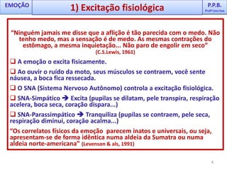  De onde vem as emoções?  Quais são seus ingredientes?Exemplo: Ao voltar para casa, tarde da noite, numa rua deserta, você ouve o barulho de uma moto, e pense que o motoqueiro está ao seu encalço. O que aconteceria? O seu coração dispara, você anda mais depressa, imagina o que o motoqueiro possa fazer e então, fica apavorada?