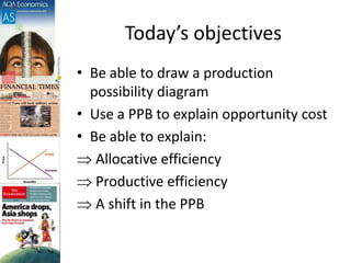 Today’s objectives
• Be able to draw a production
possibility diagram
• Use a PPB to explain opportunity cost
• Be able to explain:
Allocative efficiency
Productive efficiency
A shift in the PPB
 