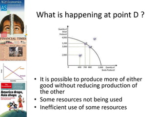What is happening at point D ?
• It is possible to produce more of either
good without reducing production of
the other
• Some resources not being used
• Inefficient use of some resources
 