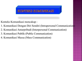 Konteks Komunikasi mencakup :
1. Komunikasi Dengan Diri Sendiri (Intrapersonal Communication)
2. Komunikasi Antarpribadi (Interpersonal Communication)
3. Komunikasi Publik (Public Communication)
4. Komunikasi Massa (Mass Communication)
 
