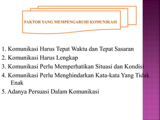 1. Komunikasi Harus Tepat Waktu dan Tepat Sasaran
2. Komunikasi Harus Lengkap
3. Komunikasi Perlu Memperhatikan Situasi dan Kondisi
4. Komunikasi Perlu Menghindarkan Kata-kata Yang Tidak
Enak
5. Adanya Persuasi Dalam Komunikasi
 
