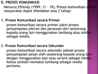 D. PROSES KOMUNIKASI
Menurut Effendy (1999: 11 – 19), Proses komunikasi dalam
masyarakat dapat dibedakan atas 2 tahap:
1. Proses Komunikasi secara Primer
proses komunikasi secara primer yakni proses
penyampaian pikiran dan perasaan dari seseorang
kepada orang lain menggunakan lambang atau simbol
sebagai media.
2. Proses Komunikasi secara Sekunder
proses komunikasi secara sekunder adalah proses
penyampaian pesan oleh seseorang kepada orang lain
dengan menggunakan alat atau sarana sebagai media
kedua setelah memakai lambang sebagai media
pertama.
 