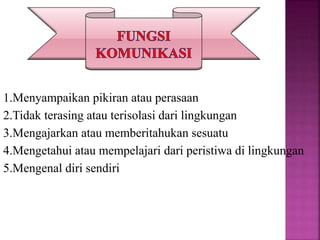 1.Menyampaikan pikiran atau perasaan
2.Tidak terasing atau terisolasi dari lingkungan
3.Mengajarkan atau memberitahukan sesuatu
4.Mengetahui atau mempelajari dari peristiwa di lingkungan
5.Mengenal diri sendiri
 
