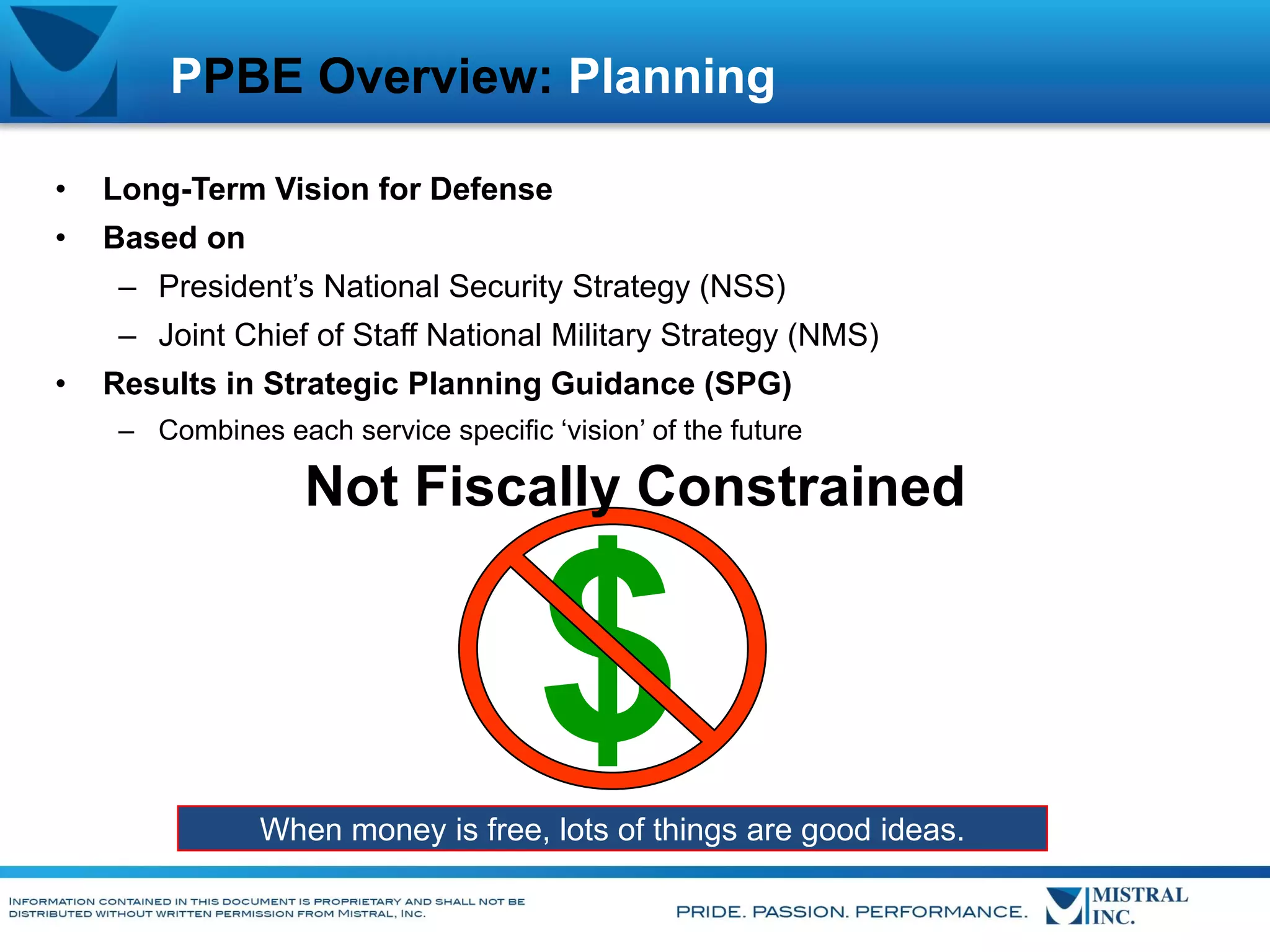 PPBE Overview: Planning
•

Long-Term Vision for Defense

•

Based on
– President’s National Security Strategy (NSS)
– Joint Chief of Staff National Military Strategy (NMS)

•

Results in Strategic Planning Guidance (SPG)
– Combines each service specific ‘vision’ of the future

Not Fiscally Constrained

$
When money is free, lots of things are good ideas.

 