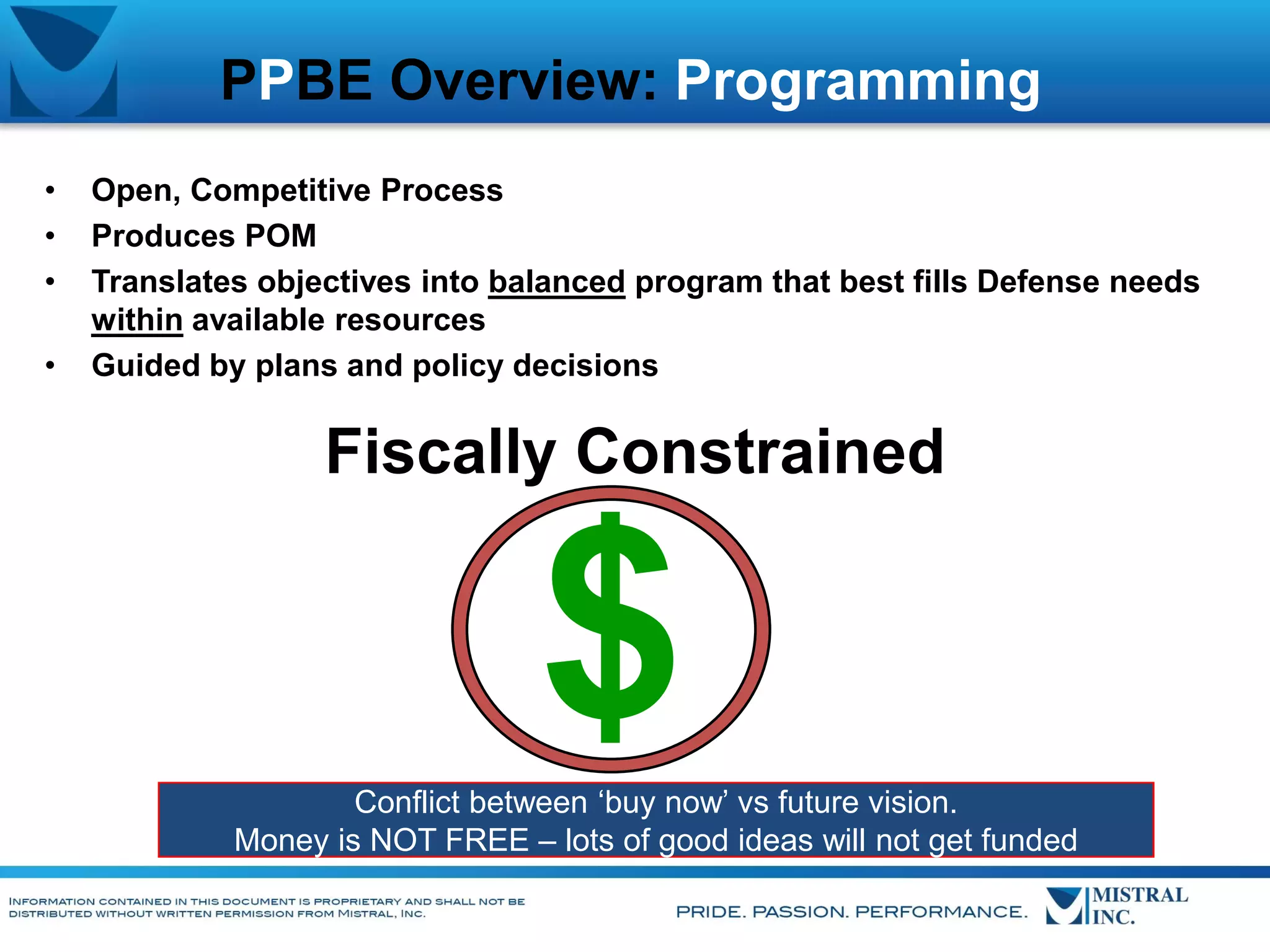 PPBE Overview: Programming
•
•
•
•

Open, Competitive Process
Produces POM
Translates objectives into balanced program that best fills Defense needs
within available resources
Guided by plans and policy decisions

Fiscally Constrained

$
Conflict between ‘buy now’ vs future vision.
Money is NOT FREE – lots of good ideas will not get funded

 