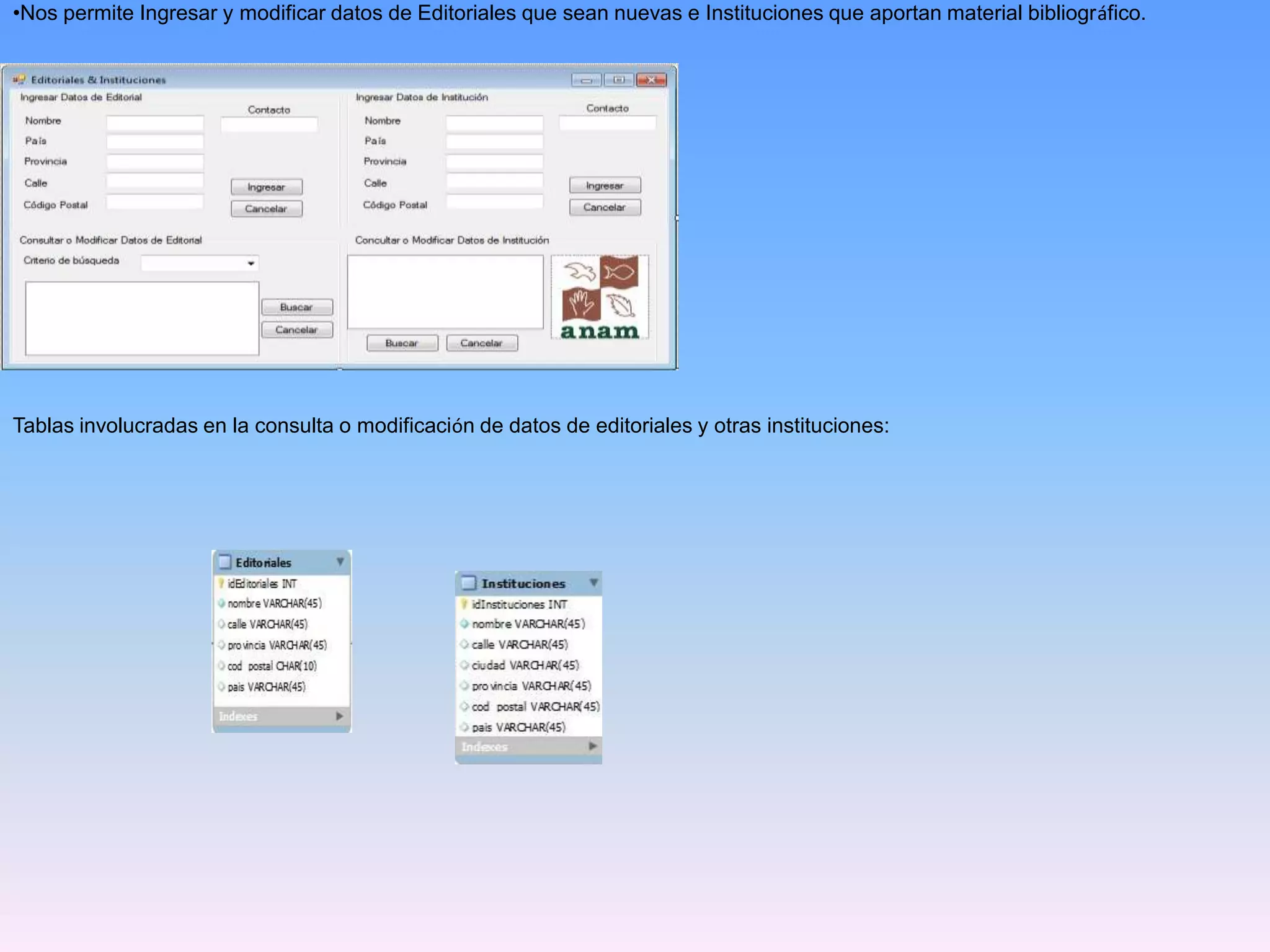 •Nos permite Ingresar y modificar datos de Editoriales que sean nuevas e Instituciones que aportan material bibliográfico.

Tablas involucradas en la consulta o modificación de datos de editoriales y otras instituciones:

 