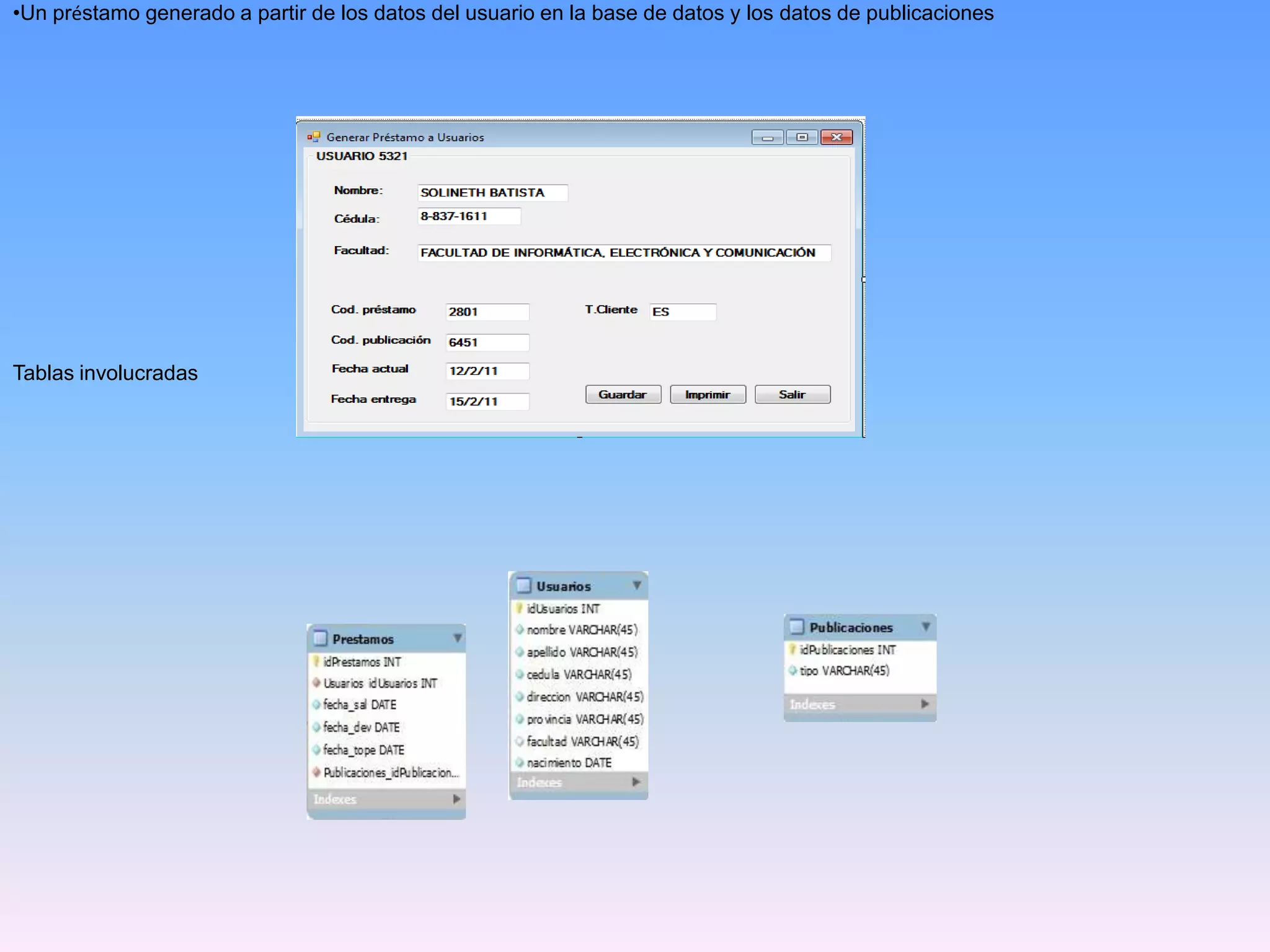 •Un préstamo generado a partir de los datos del usuario en la base de datos y los datos de publicaciones

Tablas involucradas

 