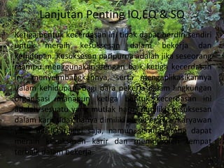 Lanjutan Penting IQ,EQ & SQ Ketiga bentuk kecerdasan ini tidak dapat berdiri sendiri untuk meraih kesuksesan dalam bekerja dan kehidupan. Kesuksesan paripurna adalah jika seseorang mampu menggunakan dengan baik ketiga kecerdasan ini, menyeimbangkannya, serta mengaplikasikannya dalam kehidupan. Bagi para pekerja dalam lingkungan organisasi manapun ketiga bentuk kecerdasan ini adalah sesuatu yang mutlak harus dimiliki, kesuksesan dalam karir tidak hanya dimiliki oleh Pegawai/karyawan yang ber-IQ tinggi saja, namun semua orang dapat meraih kesuksesan karir dan memperoleh tempat terbaik dalam bekerja. 