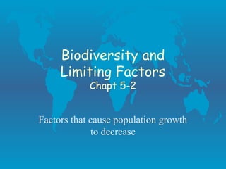 Biodiversity and
     Limiting Factors
            Chapt 5-2


Factors that cause population growth
             to decrease
 