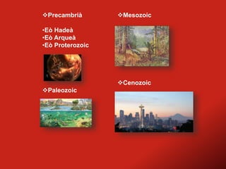 Precambrià
•Eò Hadeà
•Eò Arqueà
•Eò Proterozoic
Paleozoic
Mesozoic
Cenozoic
 