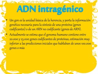• Un gen es la unidad básica de la herencia, y porta la información
genética necesaria para la síntesis de una proteína (genes
codificantes) o de un ARN no codificante (genes de ARN).
• Actualmente se estima que el genoma humano contiene entre
20.000 y 25.000 genes codificantes de proteínas, estimación muy
inferior a las predicciones iniciales que hablaban de unos 100.000
genes o más
 