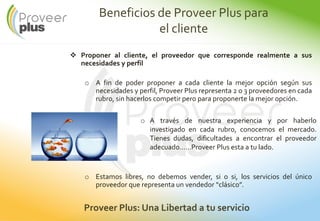 Beneficios de Proveer Plus para
el cliente
Proponer al cliente, el proveedor que corresponde realmente a sus
necesidades y perfil
o A fin de poder proponer a cada cliente la mejor opción según sus
necesidades y perfil, Proveer Plus representa 2 o 3 proveedores en cada
rubro, sin hacerlos competir pero para proponerte la mejor opción.
o Estamos libres, no debemos vender, si o si, los servicios del único
proveedor que representa un vendedor “clásico”.
Proveer Plus: Una Libertad a tu servicio
o A través de nuestra experiencia y por haberlo
investigado en cada rubro, conocemos el mercado.
Tienes dudas, dificultades a encontrar el proveedor
adecuado……Proveer Plus esta a tu lado.
 