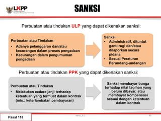 SANKSI
Pasal 118
Sanksi
• Administratif, dituntut
ganti rugi dan/atau
dilaporkan secara
pidana
• Sesuai Peraturan
Perundang-undangan
Perbuatan atau Tindakan
• Adanya pelanggaran dan/atau
kecurangan dalam proses pengadaan
• Kecurangan dalam pengumuman
pengadaan
Sanksi membayar bunga
terhadap nilai tagihan yang
belum dibayar, atau
membayar kompensasi
sesuai dengan ketentuan
dalam kontrak
Perbuatan atau Tindakan
• Melakukan cedera janji terhadap
ketentuan yang termuat dalam kontrak
(mis.: keterlambatan pembayaran)
Perbuatan atau tindakan PPK yang dapat dikenakan sanksi:
Perbuatan atau tindakan ULP yang dapat dikenakan sanksi:
versi_9.1 49
 