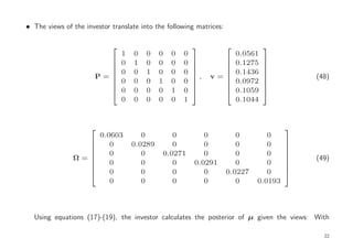 • The views of the investor translate into the following matrices:

                                                                               
                                1   0   0    0   0   0                   0.0561
                         
                               0   1   0    0   0   0   
                                                         
                                                                
                                                                        0.1275   
                                                                                  
                                0   0   1    0   0   0                   0.1436
                                                                               
                       P=                               ,   v=                          (48)
                                                                               
                                0   0   0    1   0   0                   0.0972
                                                                                  
                                                                               
                                0   0   0    0   1   0                   0.1059
                                                                               
                                                                               
                                0   0   0    0   0   1                   0.1044


                                                                                      
                         0.0603        0        0           0           0        0
                 
                           0       0.0289      0           0           0        0     
                                                                                       
                            0          0     0.0271         0           0        0
                                                                                      
               Ω=                                                                         (49)
                                                                                      
                            0          0        0        0.0291         0        0
                                                                                       
                                                                                      
                            0          0        0           0        0.0227      0
                                                                                      
                                                                                      
                            0          0        0           0           0     0.0193



  Using equations (17)-(19), the investor calculates the posterior of µ given the views: With

                                                                                             22
 