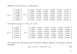 equilibrium risk premium µequ and Σ given by
                                                                                             
               0.0769            0.0603        0.0387    0.0347    0.0329    0.0238    0.0189
              0.0552          0.0387        0.0289    0.0270    0.0222    0.0197    0.0165   
                                                                                             
               0.0511           0.0347        0.0270    0.0271    0.0200    0.0189    0.0168
                                                                                             
µequ   =               , Σ =                                                                 ,
                                                                                              
              0.0655          0.0329        0.0222    0.0200    0.0291    0.0218    0.0179   
               0.0544           0.0238        0.0197    0.0189    0.0218    0.0227    0.0191
                                                                                             
                                                                                              
               0.0491            0.0189        0.0165    0.0168    0.0179    0.0191    0.0193

the posterior is p(µ|v) = N (mv , Λv ) with
                                                                                              
           0.0901                     0.0025    0.0016    0.0014    0.0013    0.0009    0.0007
     
          0.0657       
                        
                                  
                                     0.0016    0.0012    0.0011    0.0009    0.0008    0.0006   
                                                                                                 
           0.0614                     0.0014    0.0011    0.0011    0.0008    0.0007    0.0007
                                                                                              
µv =                   ,   Λv =                                                               .
                                                                                              
          0.0751                   0.0013    0.0009    0.0008    0.0012    0.0009    0.0007   
           0.0638                     0.0009    0.0008    0.0007    0.0009    0.0009    0.0008
                                                                                              
                                                                                              
           0.0542                     0.0007    0.0006    0.0007    0.0007    0.0008    0.0008


The investor then calculates his optimal portfolio holdings implied by the Bayesian predictive
distribution
                             p(rT +1 |v, Σ) = N (mv , Σ + Λv )                           (50)

                                                                                                 23
 