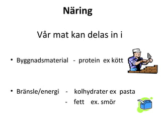 Näring

        Vår mat kan delas in i

• Byggnadsmaterial - protein ex kött



• Bränsle/energi - kolhydrater ex pasta
                 - fett ex. smör
 