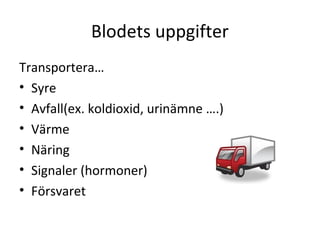 Blodets uppgifter
Transportera…
• Syre
• Avfall(ex. koldioxid, urinämne ….)
• Värme
• Näring
• Signaler (hormoner)
• Försvaret
 