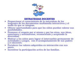 ESTRATEGIAS DOCENTES Proporcionar el conocimiento de la naturaleza de los lenguajes de los documentos multimedia interactivos y el modo en que se integran.  Ofrecer oportunidades para que los niños puedan valorar sus posibilidades. Promover el respeto por sí mismo y por los otros, sus ideas, emociones y sentimientos, reconociendo y aceptando la diversidad. Motivar a los niños para lograr el intercambio permanente de actividades y juegos,  con el acompañamiento de sus padres y/o docentes. Fortalecer los valores adquiridos en interacción con sus pares. Incentivar la participación activa de las familias. 
