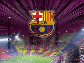 Equipo actual PLANTILLA 01 -  Víctor Valdés ESP 02 -  Dani Alves BRA 03 -  Gerard Piqué 04 -  05 -  Carles Puyol ESP 06 -  Xavi Hernández ESP  07 -  David Villa ESP 08 -  Andrés Iniesta ESP 09 -  Bojan Krkic ESP 10  - Lionel Messi ARG 11 -  Jeffren Suarez VEN 12 -  13 -  José Manuel Pinto ESP 14 -  Javier Mascherano ARG 15 -  Seydou Keita MAL 16 -  Sergio Busquets ESP 17 -  Pedro Rodriguez ESP 18 -  Gabi Milito ARG 19 -  Scherrer Maxwell BRA 20 -  Ibrahim Afellay HOL 21 -  Adriano Correia BRA 22 -  Eric Abidal FRA 23 -  24 -  25 -  