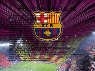 HISTORIA DEL CLUB 1Walter Wild  Inglaterra29-11-1899 25-04-1901Primer presidente 2Bartomeu Terradas Brutau    España25-04-1901 05-09-1902- 3Paul Haas    Alemania05-09-1902 17-09-1903- 4Arthur Witty Cotton  Inglaterra17-09-1903 06-10-1905- 5Josep Maria Soler    España06-10-1905 06-10-1906- 6Juli Marial Mundet    España06-10-1906 11-11-1908- 7Vicenç Reig    España11-11-1908 02-12-1908- 8Hans-Max Gamper Haessing  Suiza02-12-1908 14-10-1909- 9Otto Gmeling    Alemania14-10-1909 17-11-1910— Hans-Max Gamper Haessing  Suiza17-11-1910 30-06-1913Presidente por segunda vez. 10Francesc de Moxó de Sentmenat    España30-06-1913 30-06-1914- 11Àlvar Presta    España30-06-1914 29-09-1914- 12Joaquim Peris de Vargas    España29-09-1914 29-06-1915Presidente interino 13Rafael Llopart Vidaud    España29-06-1915 25-06-1916- 14Gaspar Rosés Arús    España25-06-1916 17-06-1917— Hans-Max Gamper Haessing  Suiza17-06-1917 19-06-1919Presidente por tercera vez 15Ricard Graells Miró    España19-06-1919 27-06-1920— Gaspar Rosés Arús    España27-06-1920 17-07-1921Presidente por segunda vez.- Hans-Max Gamper Haessing  Suiza17-07-1921 29-06-1923Presidente por cuarta vez. Bajo su mandato se inauguró el Campo de Les Corts. 16Enric Cardona Panella    España29-06-1923 01-06-1924— Hans-Max Gamper Haessing  Suiza01-06-1924 16-06-1925 