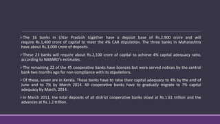 The 16 banks in Uttar Pradesh together have a deposit base of Rs.2,900 crore and will
require Rs.1,400 crore of capital to meet the 4% CAR stipulation. The three banks in Maharashtra
have about Rs.3,000 crore of deposits.
These 23 banks will require about Rs.2,100 crore of capital to achieve 4% capital adequacy ratio,
according to NABARD’s estimates.
The remaining 22 of the 45 cooperative banks have licences but were served notices by the central
bank two months ago for non-compliance with its stipulations.
Of these, seven are in Kerala. These banks have to raise their capital adequacy to 4% by the end of
June and to 7% by March 2014. All cooperative banks have to gradually migrate to 7% capital
adequacy by March, 2014.
In March 2011, the total deposits of all district cooperative banks stood at Rs.1.61 trillion and the
advances at Rs.1.2 trillion.
 
