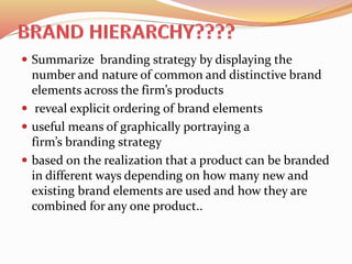  Summarize branding strategy by displaying the
number and nature of common and distinctive brand
elements across the firm’s products
 reveal explicit ordering of brand elements
 useful means of graphically portraying a
firm’s branding strategy
 based on the realization that a product can be branded
in different ways depending on how many new and
existing brand elements are used and how they are
combined for any one product..
 