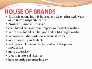  Multiple strong brands housed in a de-emphasized, weak
or unknown corporate entity
 Procter & Gamble, Unilever
 each brand can maximize impact on market or niches
 individual brand can be specified to fit a target market
 increase variations of new revenue streams
 more creativity and talents
 –little or no leverage can be used with the parent
association
 more expensive
 creating internal rivalries
 hard to unify customer loyalty
 