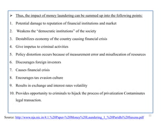  Thus, the impact of money laundering can be summed up into the following points:
1. Potential damage to reputation of financial institutions and market
2. Weakens the “democratic institutions” of the society
3. Destabilizes economy of the country causing financial crisis
4. Give impetus to criminal activities
5. Policy distortion occurs because of measurement error and misallocation of resources
6. Discourages foreign investors
7. Causes financial crisis
8. Encourages tax evasion culture
9. Results in exchange and interest rates volatility
10. Provides opportunity to criminals to hijack the process of privatization Contaminates
legal transaction.
22
Source: http://www.nja.nic.in/4.1.%20Paper-%20Money%20Laundering_1_%20Paridhi%20Saxena.pdf
 