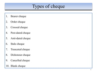 1. Bearer cheque
2. Order cheque
3. Crossed cheque
4. Post-dated cheque
5. Anti-dated cheque
6. Stale cheque
7. Truncated cheque
8. Dishonour cheque
9. Cancelled cheque
10. Blank cheque
4
Types of cheque
 