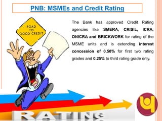The Bank has approved Credit Rating
agencies like SMERA, CRISIL, ICRA,
ONICRA and BRICKWORK for rating of the
MSME units and is extending interest
concession of 0.50% for first two rating
grades and 0.25% to third rating grade only.
41
PNB: MSMEs and Credit Rating
 