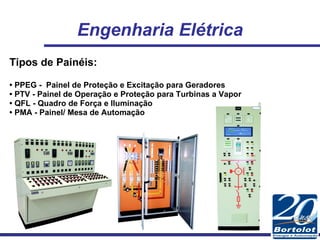 Engenharia Elétrica Tipos de Painéis: •  PPEG -  Painel de Proteção e Excitação para Geradores •  PTV - Painel de Operação e Proteção para Turbinas a Vapor •  QFL - Quadro de Força e Iluminação •  PMA - Painel/ Mesa de Automação 