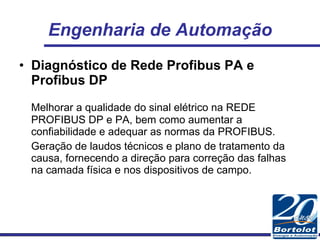 Engenharia de Automação Diagnóstico de Rede Profibus PA e Profibus DP Melhorar a qualidade do sinal elétrico na REDE PROFIBUS DP e PA, bem como aumentar a confiabilidade e adequar as normas da PROFIBUS. Geração de laudos técnicos e plano de tratamento da causa, fornecendo a direção para correção das falhas na camada física e nos dispositivos de campo. 