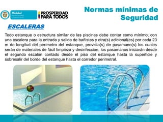 Normas mínimas de
Seguridad
ESCALERAS
Todo estanque o estructura similar de las piscinas debe contar como mínimo, con
una escalera para la entrada y salida de bañistas y otra(s) adicional(es) por cada 23
m de longitud del perímetro del estanque, provista(s) de pasamano(s) los cuales
serán de materiales de fácil limpieza y desinfección, los pasamanos iniciarán desde
el segundo escalón contado desde el piso del estanque hasta la superficie y
sobresalir del borde del estanque hasta el corredor perimetral.

 