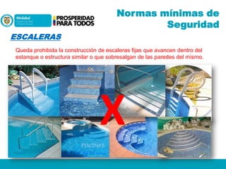 Normas mínimas de
Seguridad
ESCALERAS
Queda prohibida la construcción de escaleras fijas que avancen dentro del
estanque o estructura similar o que sobresalgan de las paredes del mismo.

X

 