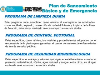 Plan de Saneamiento
Básico y de Emergencia
PROGRAMA DE LIMPIEZA DIARIA
Este programa debe establecer como mínimo el cronograma de actividades
como: cepillado, aspirado; recolección de material flotante y limpieza de la línea
de flotación, entre otros, realizado en el estanque o estructura similar.

PROGRAMA DE CONTROL VECTORIAL
Debe especificar, como mínimo, las medidas y procedimientos adoptados por el
responsable de la piscina para garantizar el control de vectores de enfermedades
de interés en salud pública.

PROGRAMA DE SEGURIDAD MICROBIOLOGICA
Debe especificar el manejo y solución que sigue el establecimiento, cuando se
presente: material fecal, vómito, agua residual y sangre, entre otros, en el agua
contenida en el estanque o estructura similar.

 