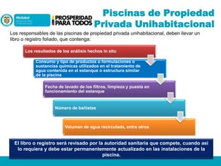 Piscinas de Propiedad
Privada Unihabitacional
Los responsables de las piscinas de propiedad privada unihabitacional, deben llevar un
libro o registro foliado, que contenga:
Los resultados de los análisis hechos in situ
Consumo y tipo de productos o formulaciones o
sustancias químicas utilizados en el tratamiento de
agua contenida en el estanque o estructura similar
de la piscina
Fecha de lavado de los filtros, limpieza y puesta en
funcionamiento del estanque

Número de bañistas

Volumen de agua recirculada, entre otros

El libro o registro será revisado por la autoridad sanitaria que compete, cuando así
lo requiera y debe estar permanentemente actualizado en las instalaciones de la
piscina.

 
