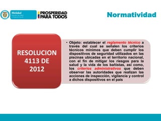 Normatividad

RESOLUCION
4113 DE
2012

• Objeto: establecer el reglamento técnico a
través del cual se señalen los criterios
técnicos mínimos que deben cumplir los
dispositivos de seguridad utilizados en las
piscinas ubicadas en el territorio nacional,
con el fin de mitigar los riesgos para la
salud y la vida de los bañistas, así como,
los criterios administrativos que deben
observar las autoridades que realizan las
acciones de inspección, vigilancia y control
a dichos dispositivos en el país

 