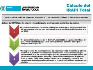 Cálculo del
IRAPI Total
PROCEDIMIENTO PARA EVALUAR IRAPI TOTAL Y LAS BPS DEL ESTABLECIMIENTO DE PISCINA
Calculo del IRAPI total del año del o los estanque(s) o estructura(s) similar (es) de piscina:

1

2

3

• El procedimiento del cálculo de IRAPI para una muestra de agua contenida
en estanque de piscina está definido en el artículo 18 de la Resolución 1618
de 2010.

• Se suman los resultados de % de IRAPI, realizados al agua contenida en el
(los) mismo(s) estanque(s) tanto por la autoridad sanitaria como por el
responsable de piscina.

• El responsable del establecimiento de piscina además de realizar el cálculo
del IRAPI R, también debe mostrar evidencia que realizó análisis al agua
contenida en el o los estanque(s) de piscina, así como de los resultados del
análisis de hongo (moho, levadura y dermatofito) realizado en superficie.
Para el efecto, debe tener en el momento de la inspección sanitaria, los
soportes de los informes firmados por el profesional del laboratorio que los
expidió.

 