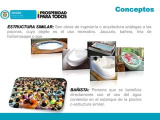 Conceptos
ESTRUCTURA SIMILAR: Son obras de ingeniería o arquitectura análogas a las
piscinas, cuyo objeto es el uso recreativo. Jacuzzis, bañera, tina de
hidromasajes o spa

BAÑISTA: Persona que se beneficia
directamente con el uso del agua
contenida en el estanque de la piscina
o estructura similar.

 